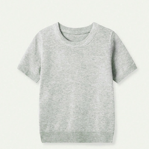 Grey Knit Sweater Top Round Neck Short Sleeve - Picture 9 of 11
